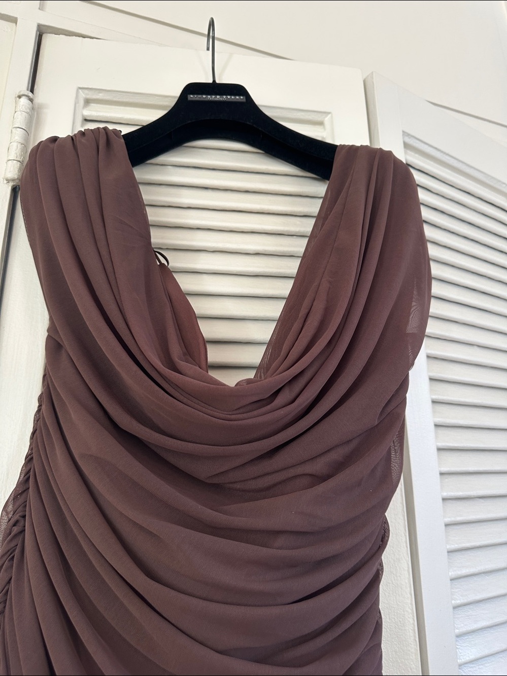 Zara Sleeveless off shoulder Draped Mini Dress in Chocolate Brown - Picture 5 of 8
